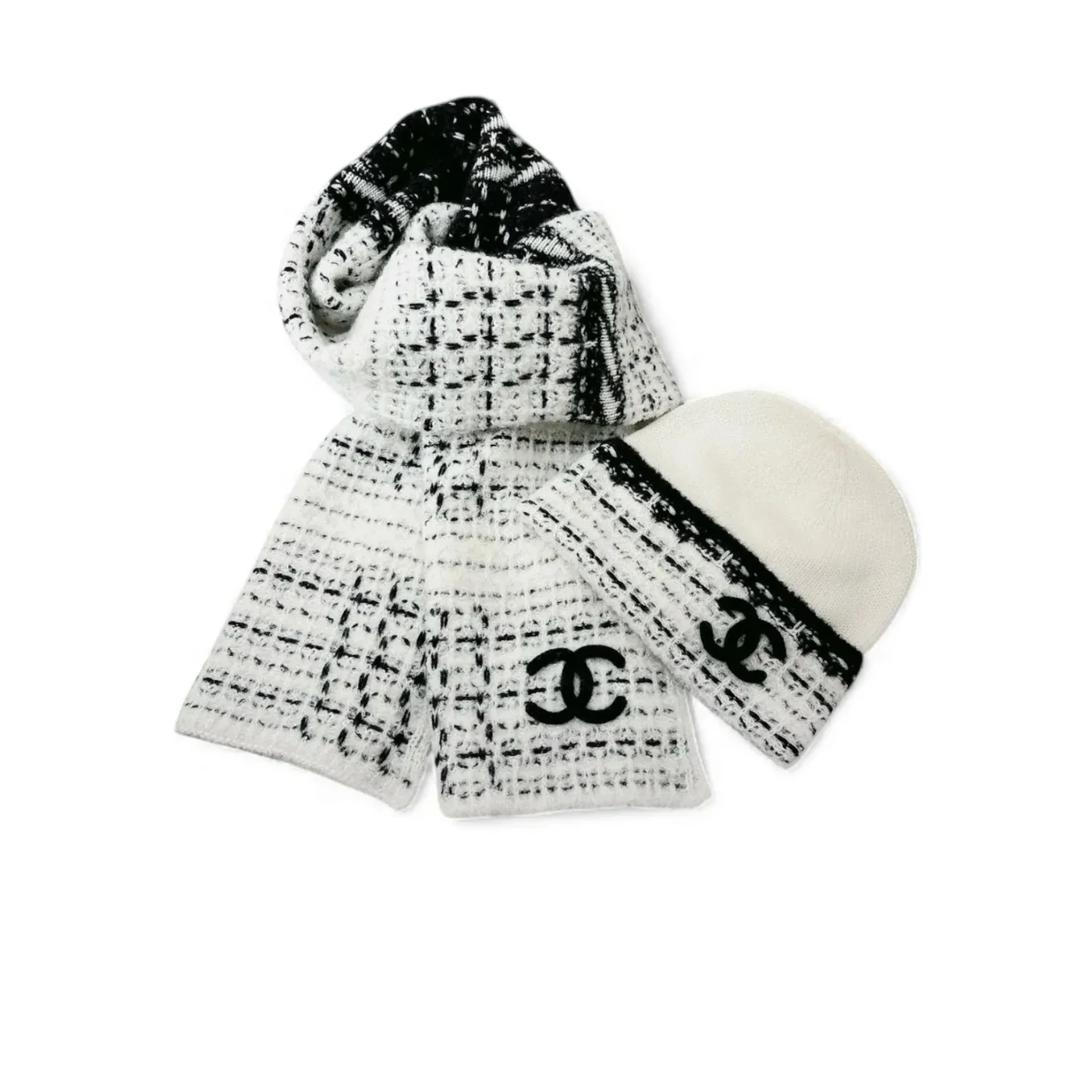 Chanel Scarf And Beanie Set In Black in White Chanel Scarf And Beanie Set In Black in White