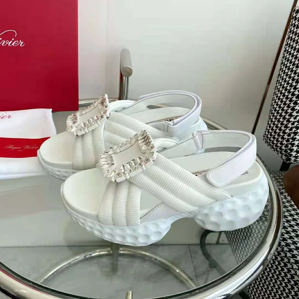 Roger Vivier Viv' Run Light Strass Buckle Sandals in Fabric for Women in White