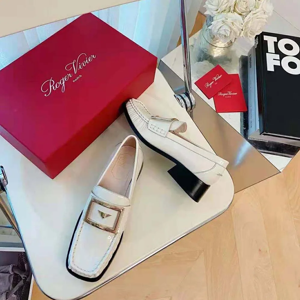 Roger Vivier Preppy Viv' Metal Buckle Loafers in Patent Leather for Women in White Roger Vivier Preppy Viv' Metal Buckle Loafers in Patent Leather for Women in White