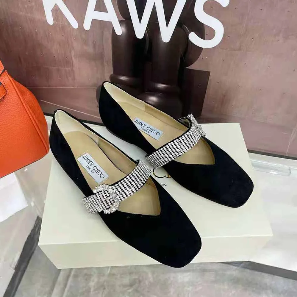 Jimmy Choo Krista Flat Black Suede Flats with Crystal for Women in Embellished Strap