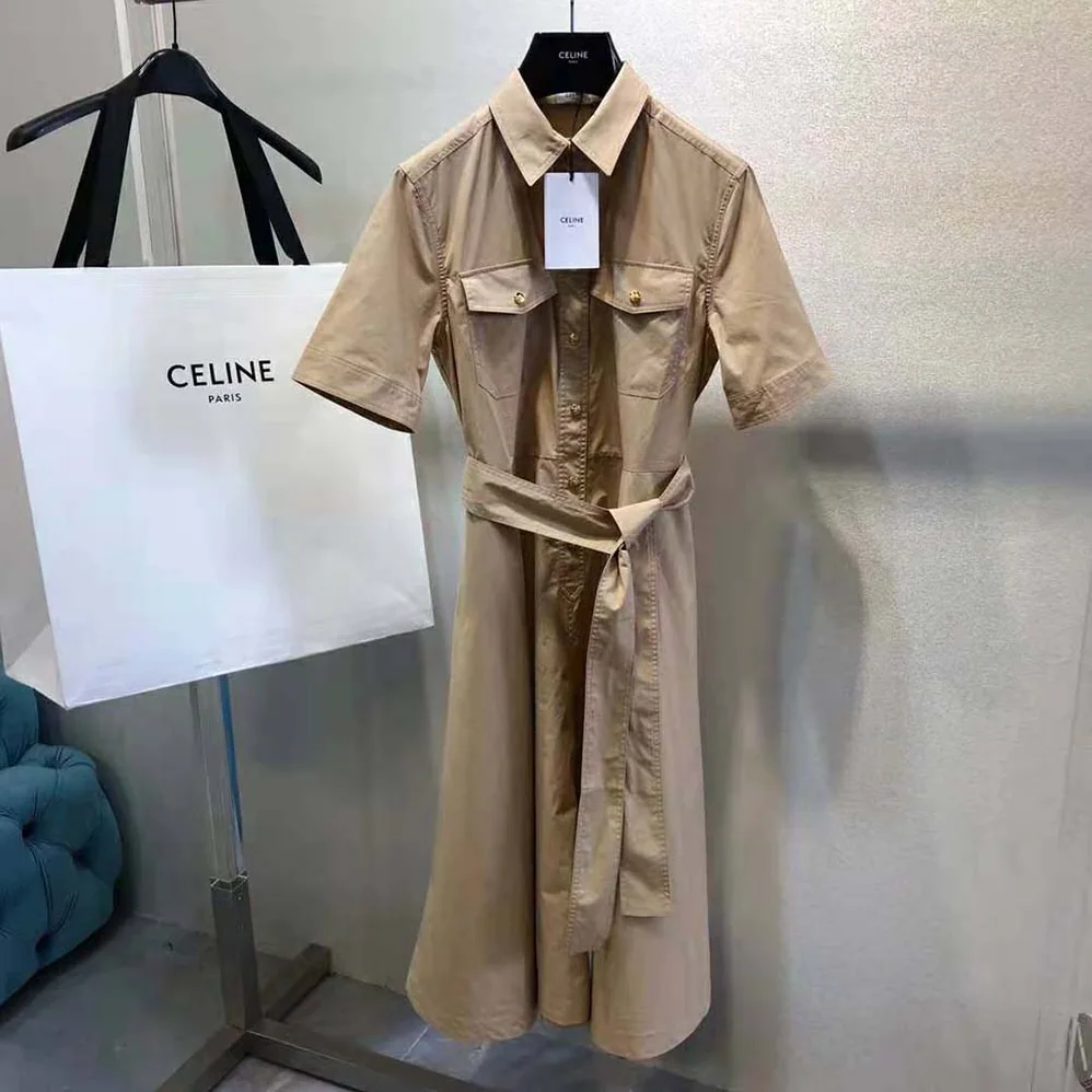 Celine Shirt Dress in Lightweight Cotton for Women in Brown Celine Shirt Dress in Lightweight Cotton for Women in Brown