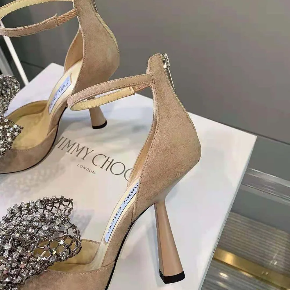 Jimmy Choo Mana 100 Ballet Pink Suede Sandals with Crystal Bow Clasp for Women Jimmy Choo Mana 100 Ballet Pink Suede Sandals with Crystal Bow Clasp for Women