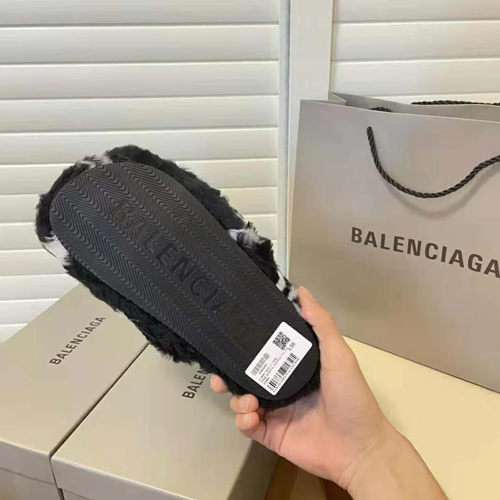 Balenciaga Furry Slide Sandal Allover Logo in Black and White Fake Fur for Women Balenciaga Furry Slide Sandal Allover Logo in Black and White Fake Fur for Women