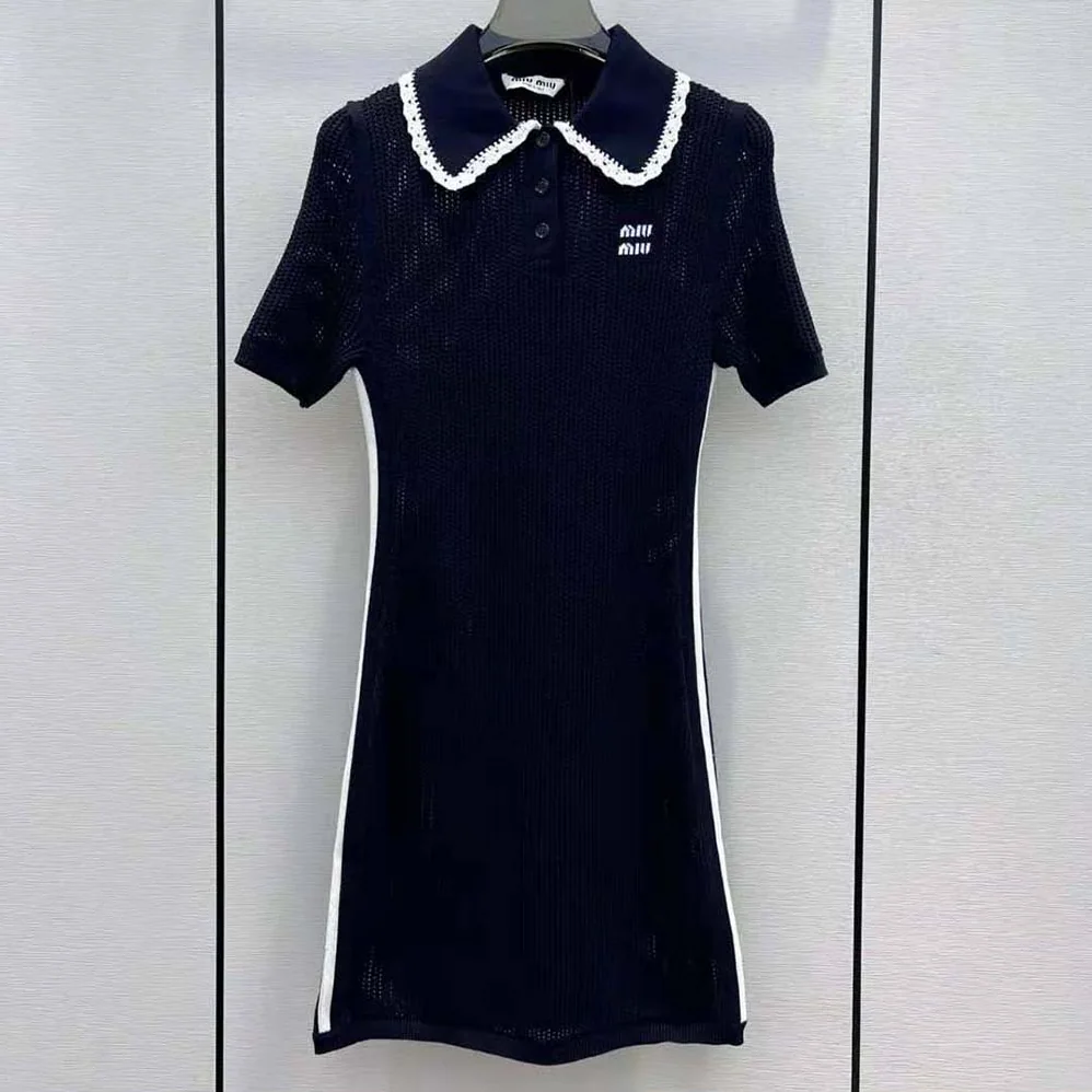 Miu Miu Cotton Knit Dress with Intarsia Logo for Women Miu Miu Cotton Knit Dress with Intarsia Logo for Women