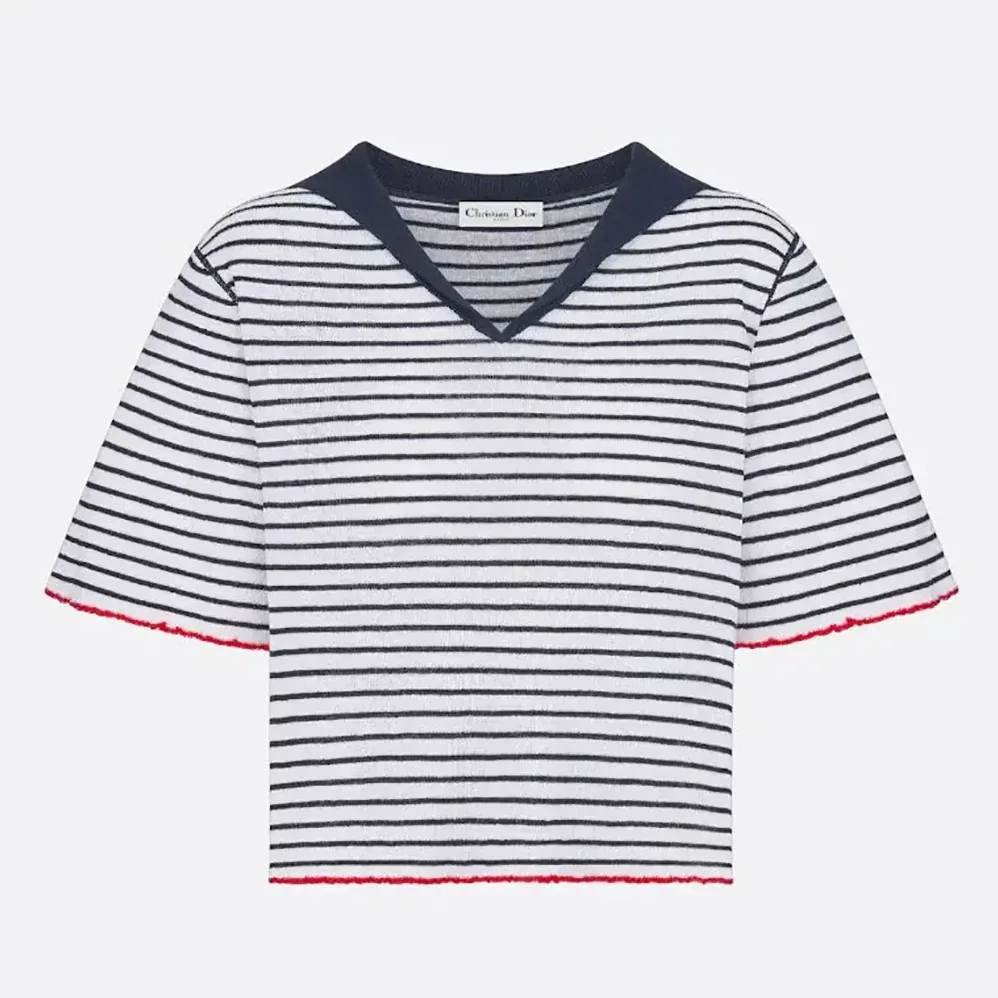 Dior Dioriviera Sweater White and Navy Blue Linen, Cashmere and Silk Ribbed Knit for Women Dior Dioriviera Sweater White and Navy Blue Linen, Cashmere and Silk Ribbed Knit for Women