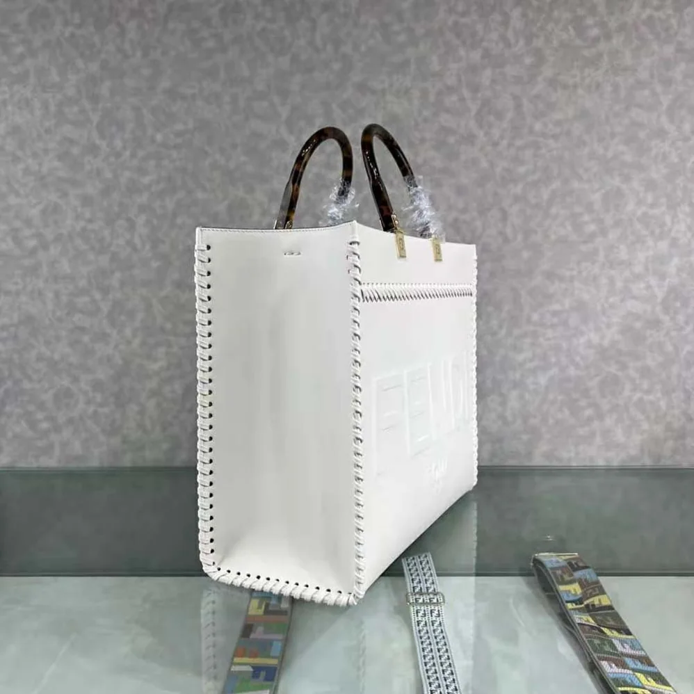 Fendi Sunshine Medium White Leather Shopper with Decorative Stitching for Women Fendi Sunshine Medium White Leather Shopper with Decorative Stitching for Women