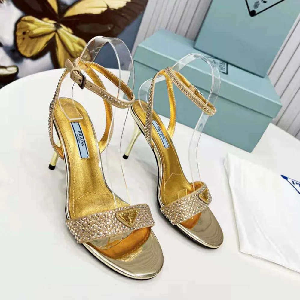 Prada Satin Sandals with Crystals for Women in Gold