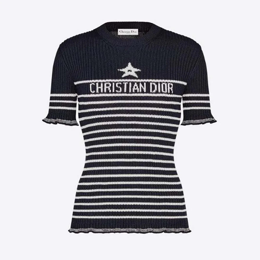 Dior Short-Sleeved Sweater Navy Blue and White Cotton Ribbed Knit with Signature for Women