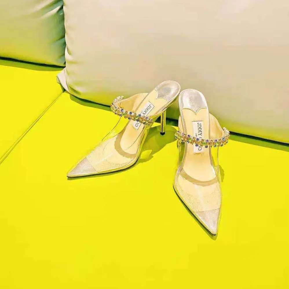 Jimmy Choo Bing 100 Clear Plexi Mules with Multicoloured Crystal Strap for Women Jimmy Choo Bing 100 Clear Plexi Mules with Multicoloured Crystal Strap for Women