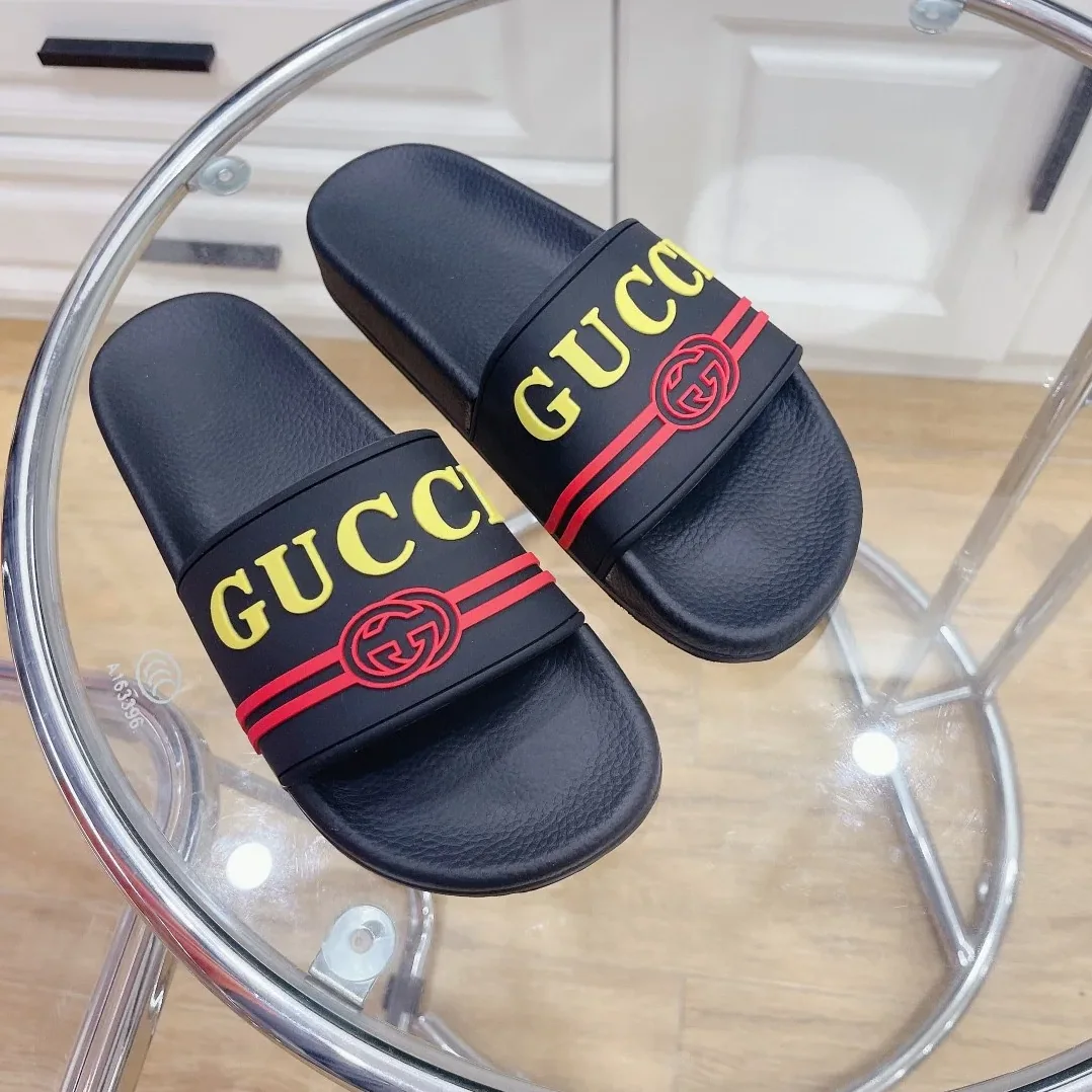 Gucci Logo Rubber Slide Black Red And Yellow for Men Gucci Logo Rubber Slide Black Red And Yellow for Men