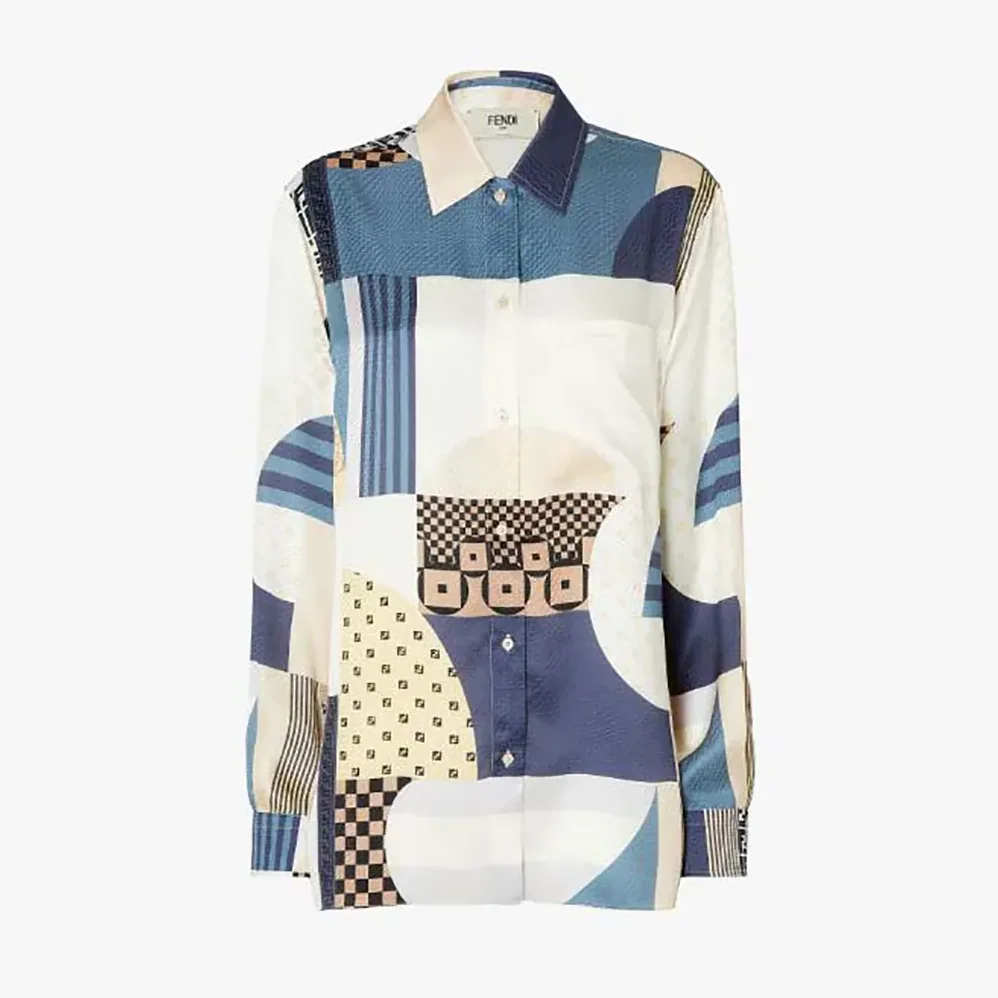 Fendi Blue Silk Shirt with Patchwork Print for Women Fendi Blue Silk Shirt with Patchwork Print for Women