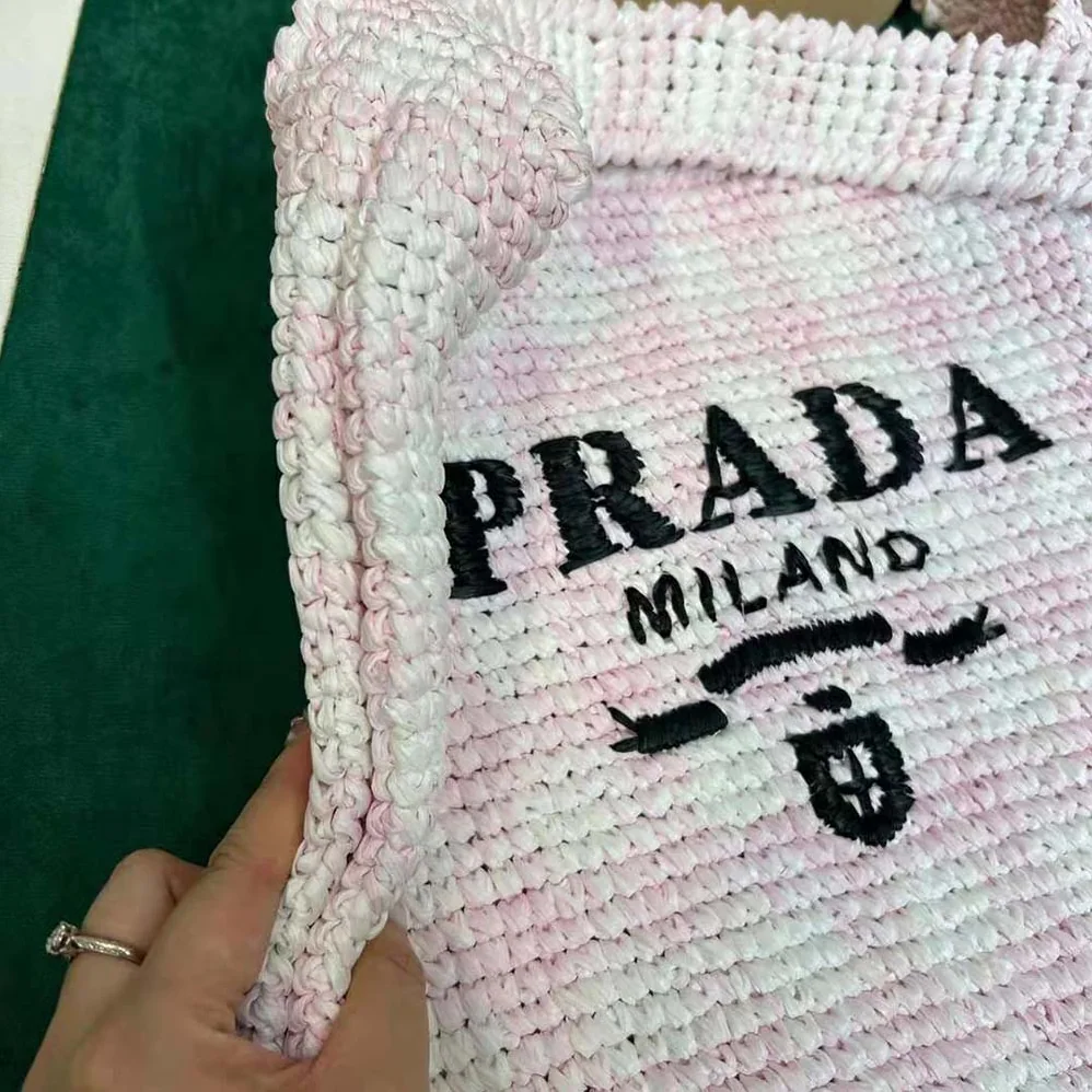 Prada Crochet Tote Bag with Embroidered Lettering Logo for Women in Pink