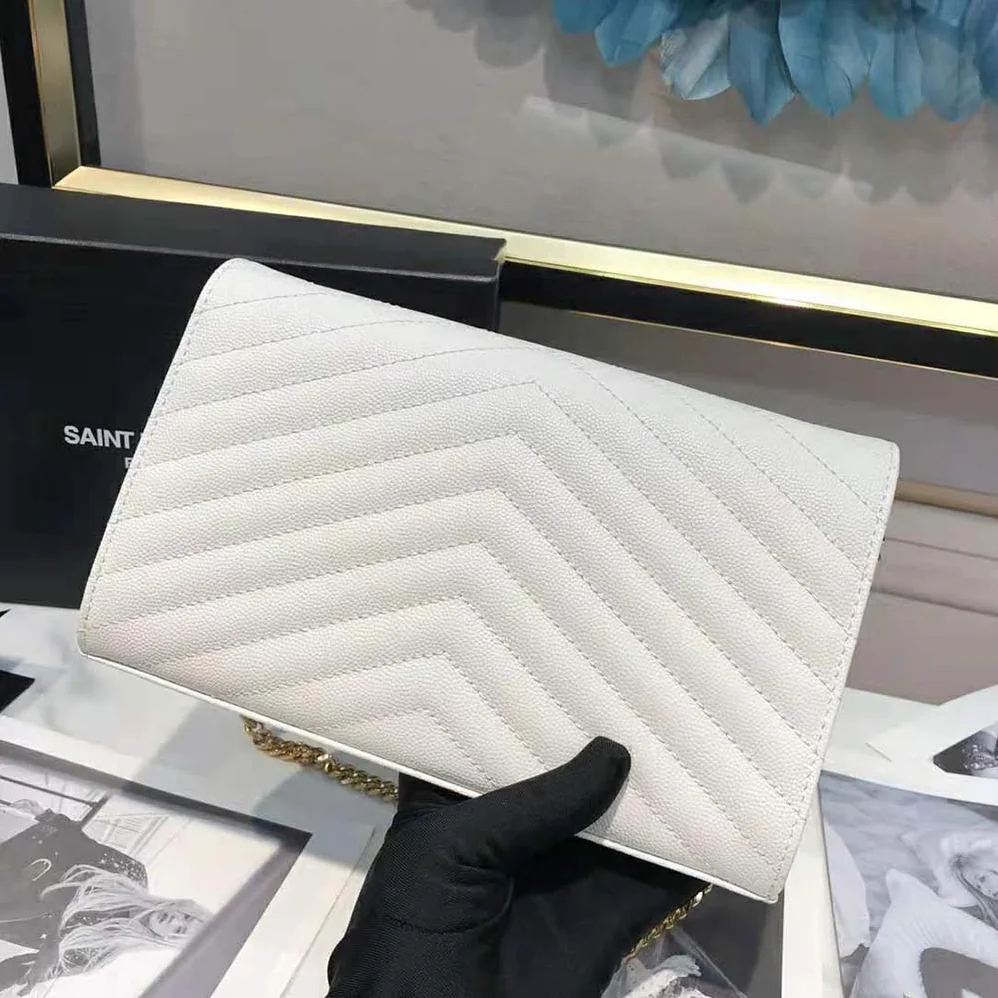 Saint Laurent YSL Monogram Chain Wallet in Grain De Poudre Embossed Leather for Women in White
