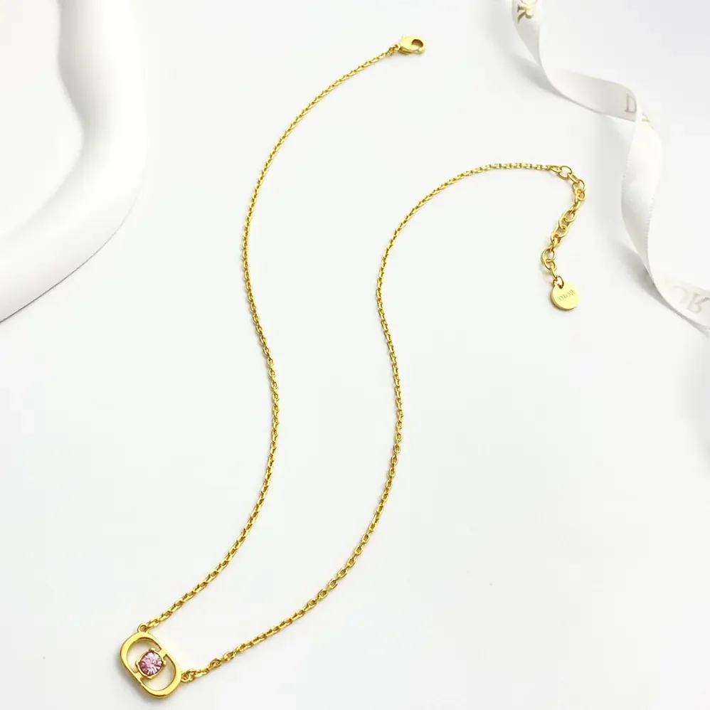 Dior Petit CD Jolie Necklace Gold-Finish Metal with Pink Crystal for Women Dior Petit CD Jolie Necklace Gold-Finish Metal with Pink Crystal for Women