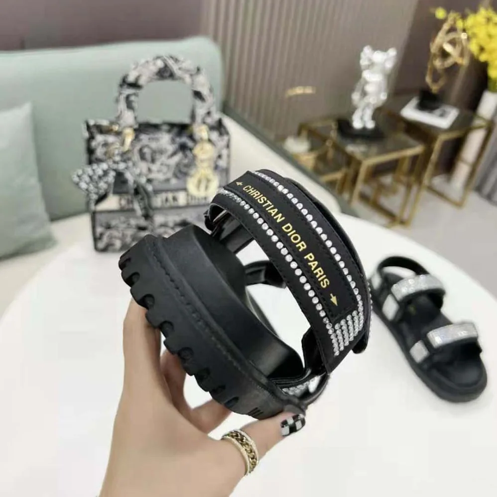 Dior Dioract Sandal Black Technical Fabric and White Resin Pearls for Women