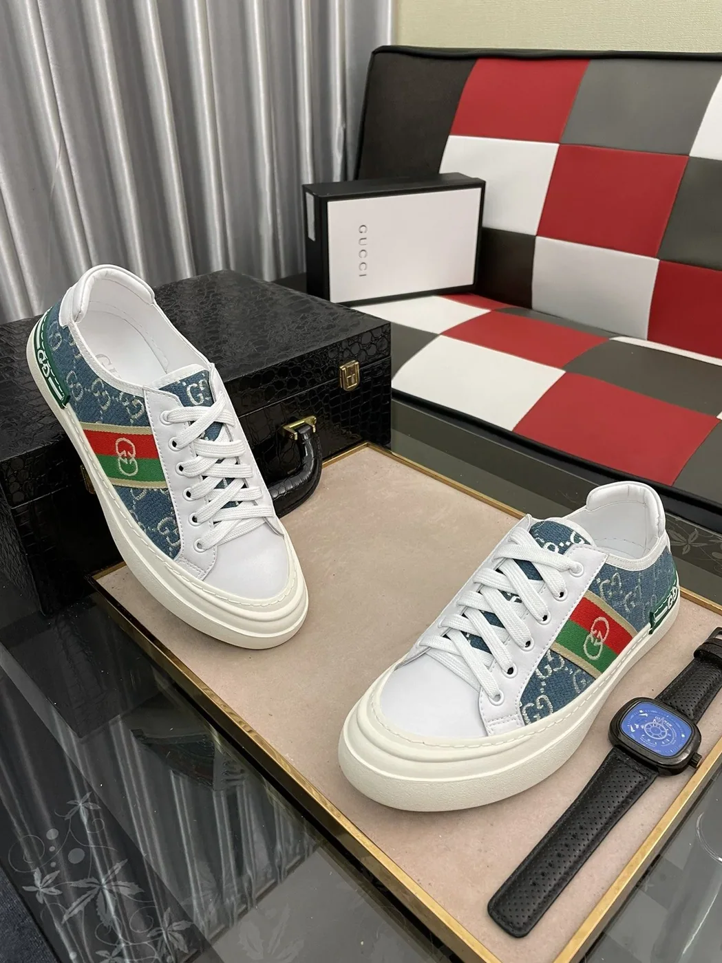 Gucci GG Embroidery Sneaker With Web White And Blue for Men