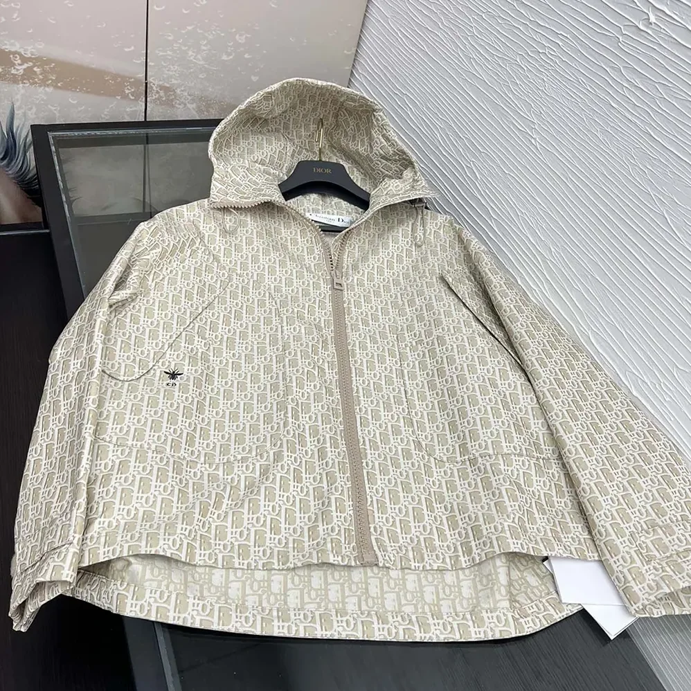 Dior Hooded Jacket Beige Technical Jacquard Taffeta with Dior Oblique Motif for Women