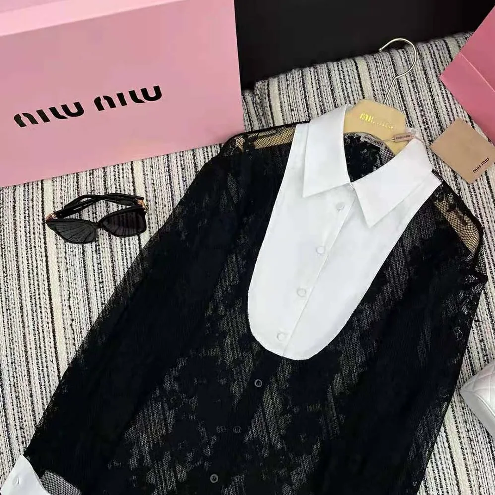 Miu Miu Lace Shirt with Knit Logo Label for Women in Black Miu Miu Lace Shirt with Knit Logo Label for Women in Black