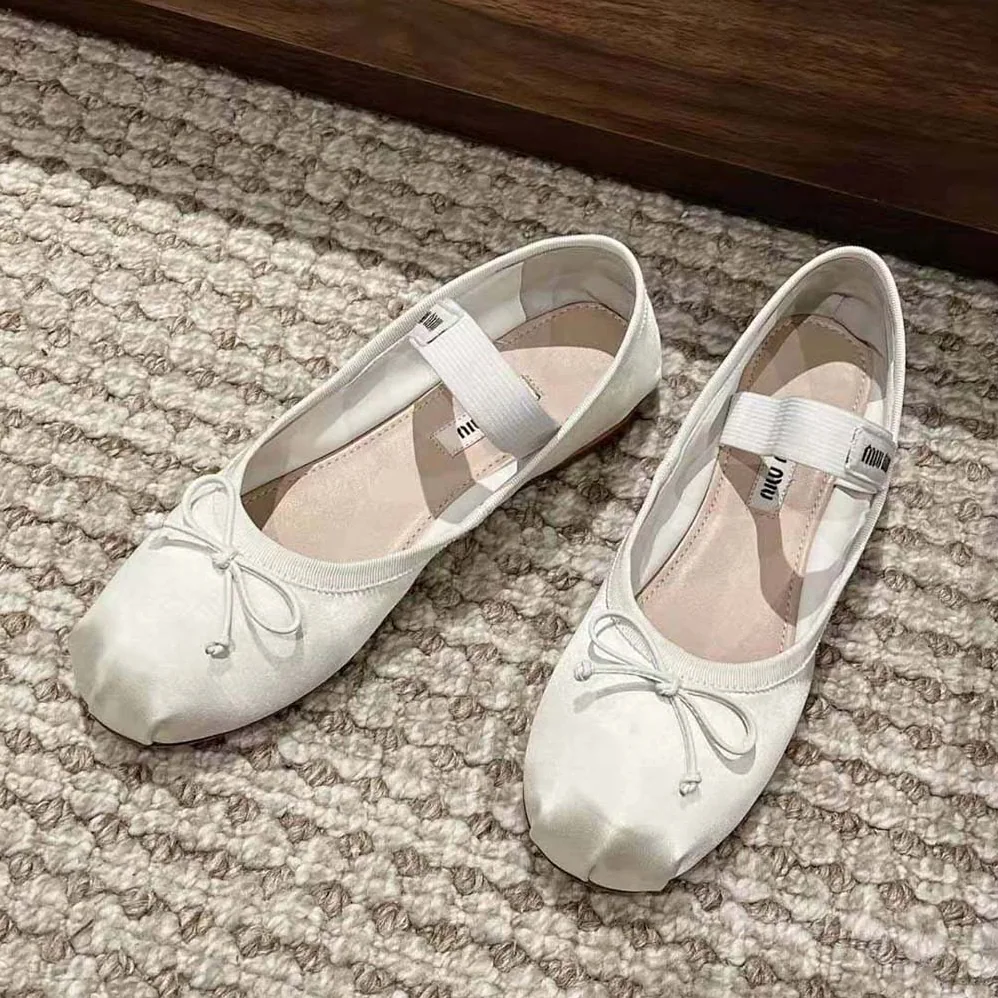 Miu Miu Satin Ballerinas with Knit Logo Label for Women in White