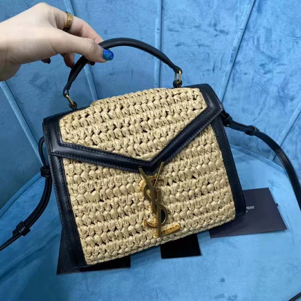 Saint Laurent YSL Cassandra Mini Top Handle Bag in Raffia and Leather for Women