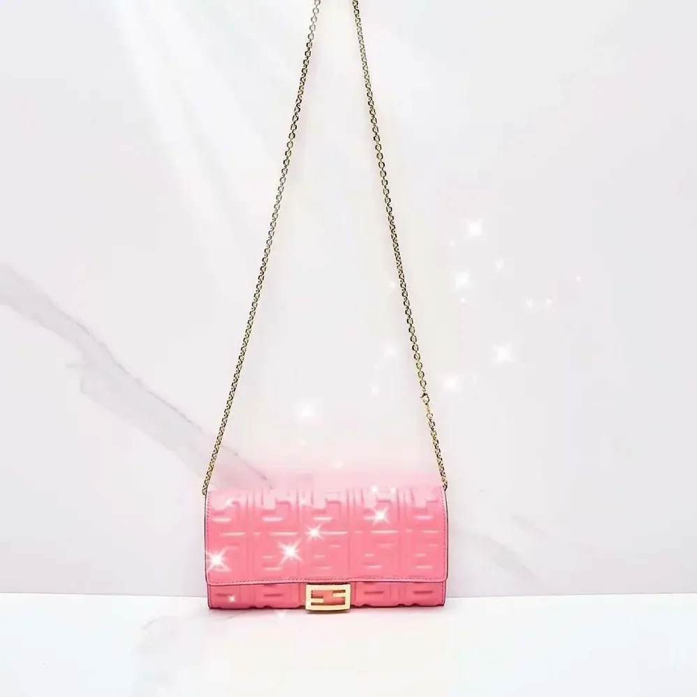 Fendi Baguette Continental Wallet With Chain Pink Nappa Leather Wallet for Women