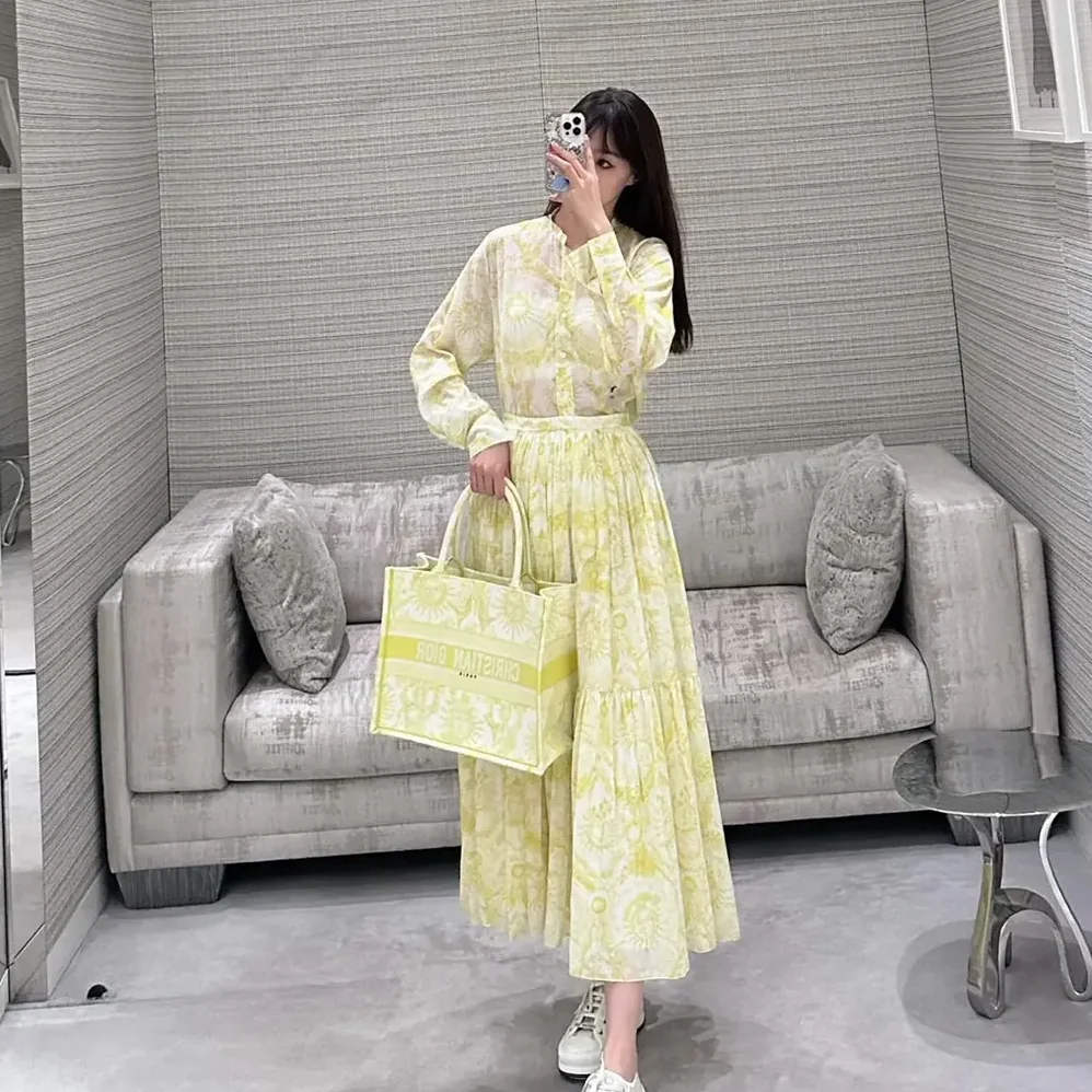 Dior Dioriviera Mid-Length Skirt White and Lemon Yellow Cotton Muslin for Women