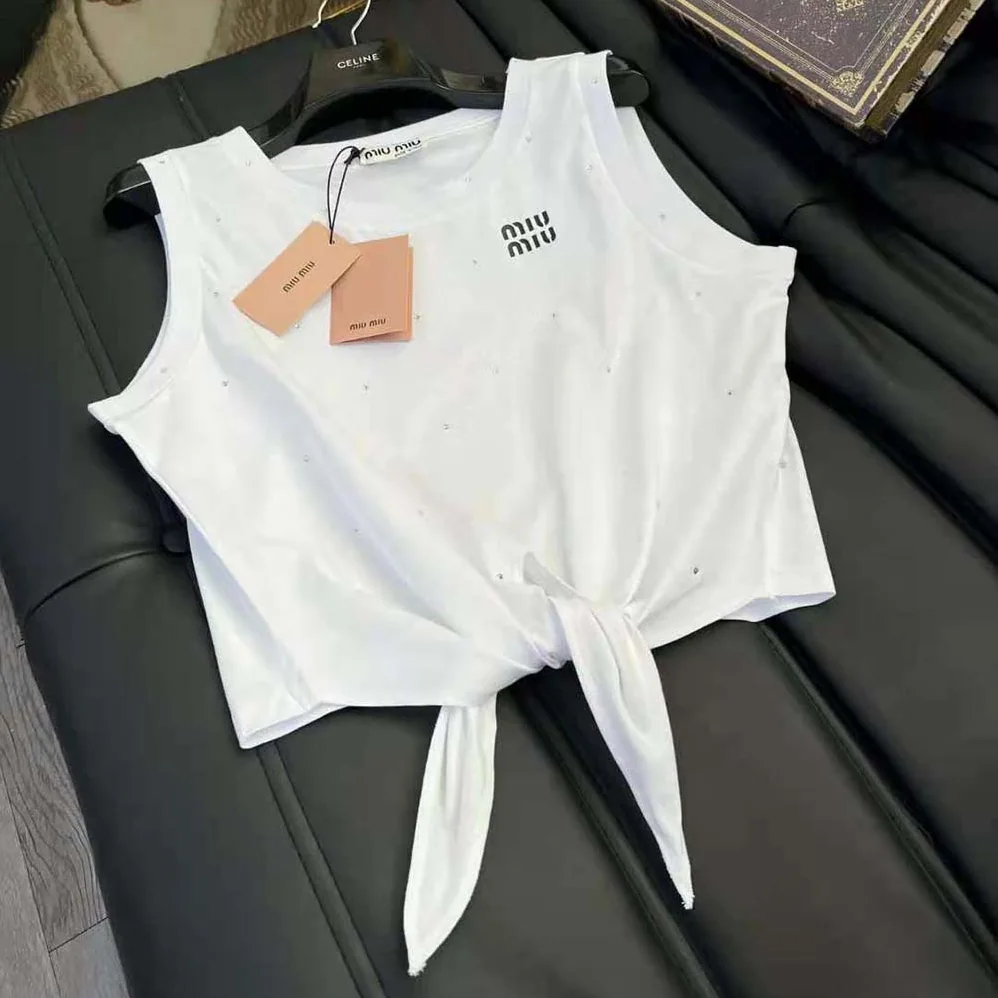 Miu Miu Cotton Top with Crystals with Embroidered Logo for Women in White Miu Miu Cotton Top with Crystals with Embroidered Logo for Women in White