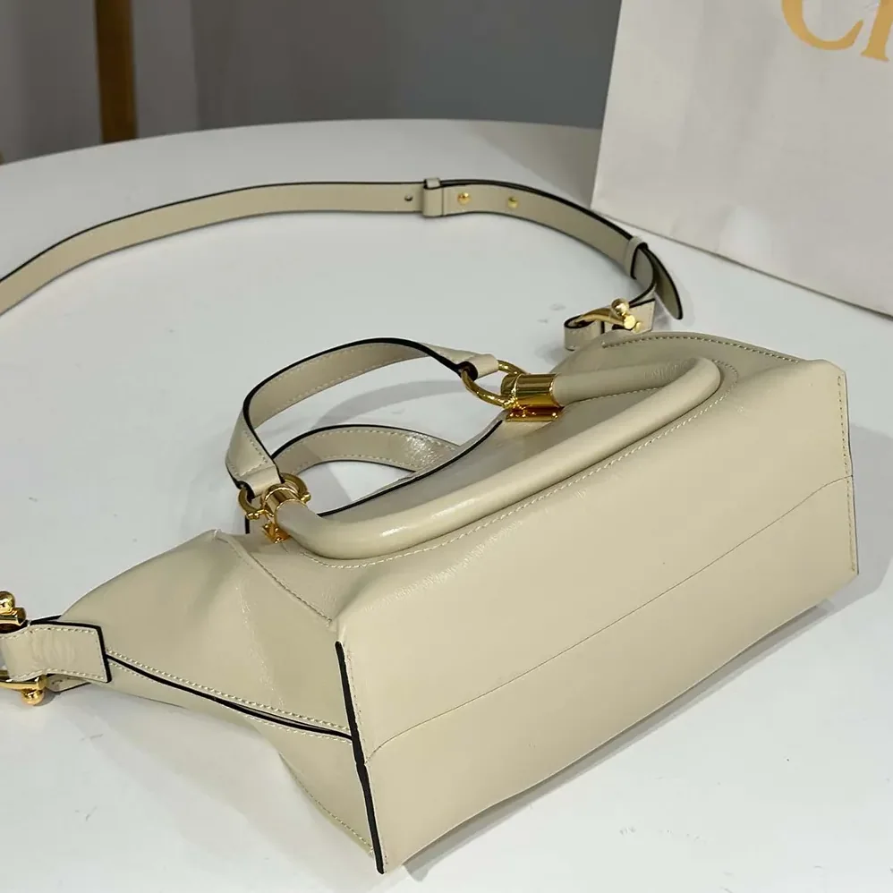 Chloe Small Paraty 24 Bag in Shiny Leather for Women in Beige
