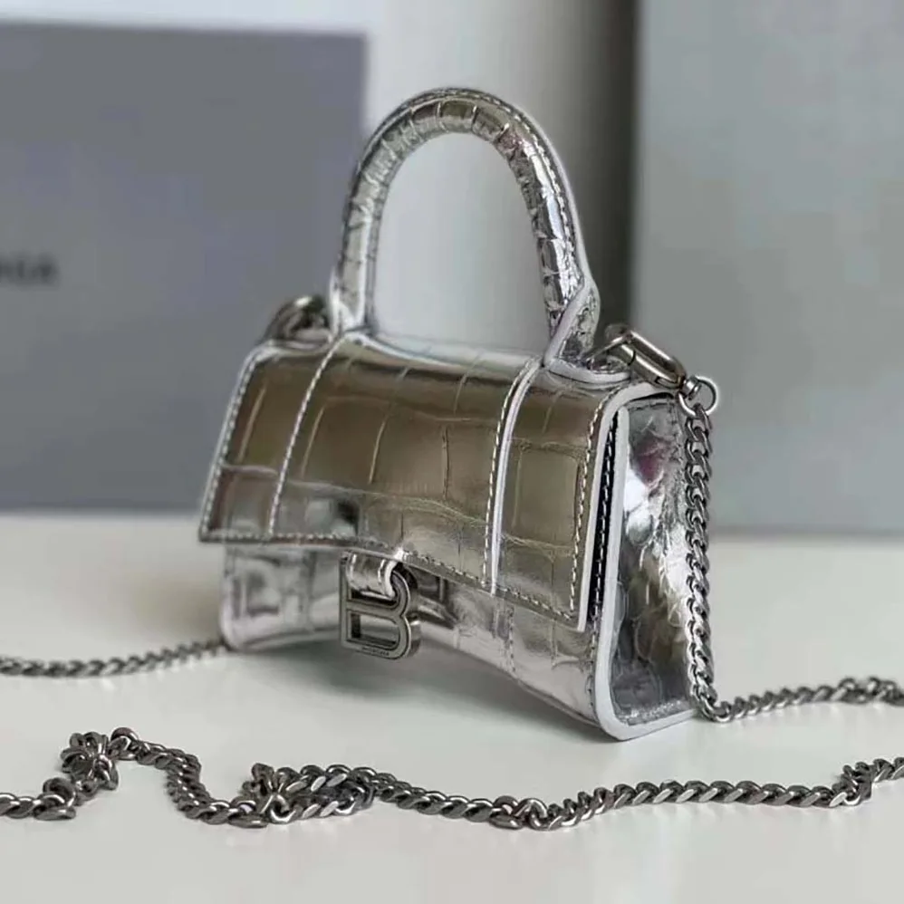 Balenciaga Hourglass Mini Top Handle Bag in Silver Crocodile Embossed Calfskin for Women