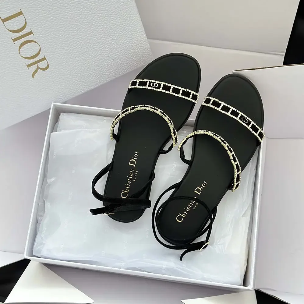 Dior Diorissime Sandal Black Suede Goatskin and Silver for Women in Tone Strass
