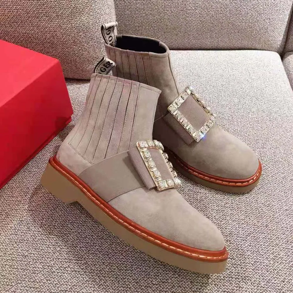 Roger Vivier Viv' Rangers Strass Buckle Chelsea Booties in Suede for Women Roger Vivier Viv' Rangers Strass Buckle Chelsea Booties in Suede for Women
