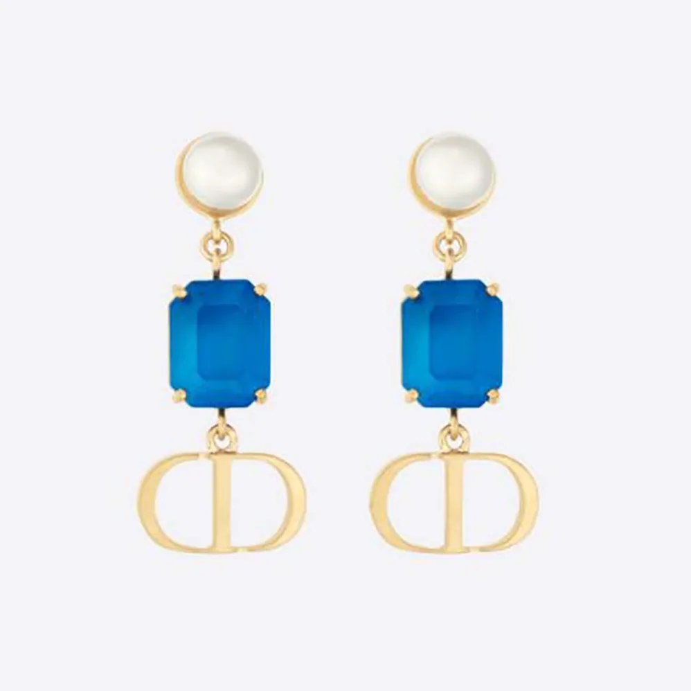 Dior Petit CD Earrings Gold-Finish Metal with White Resin Pearls and Fluorescent Blue Crystals for Women