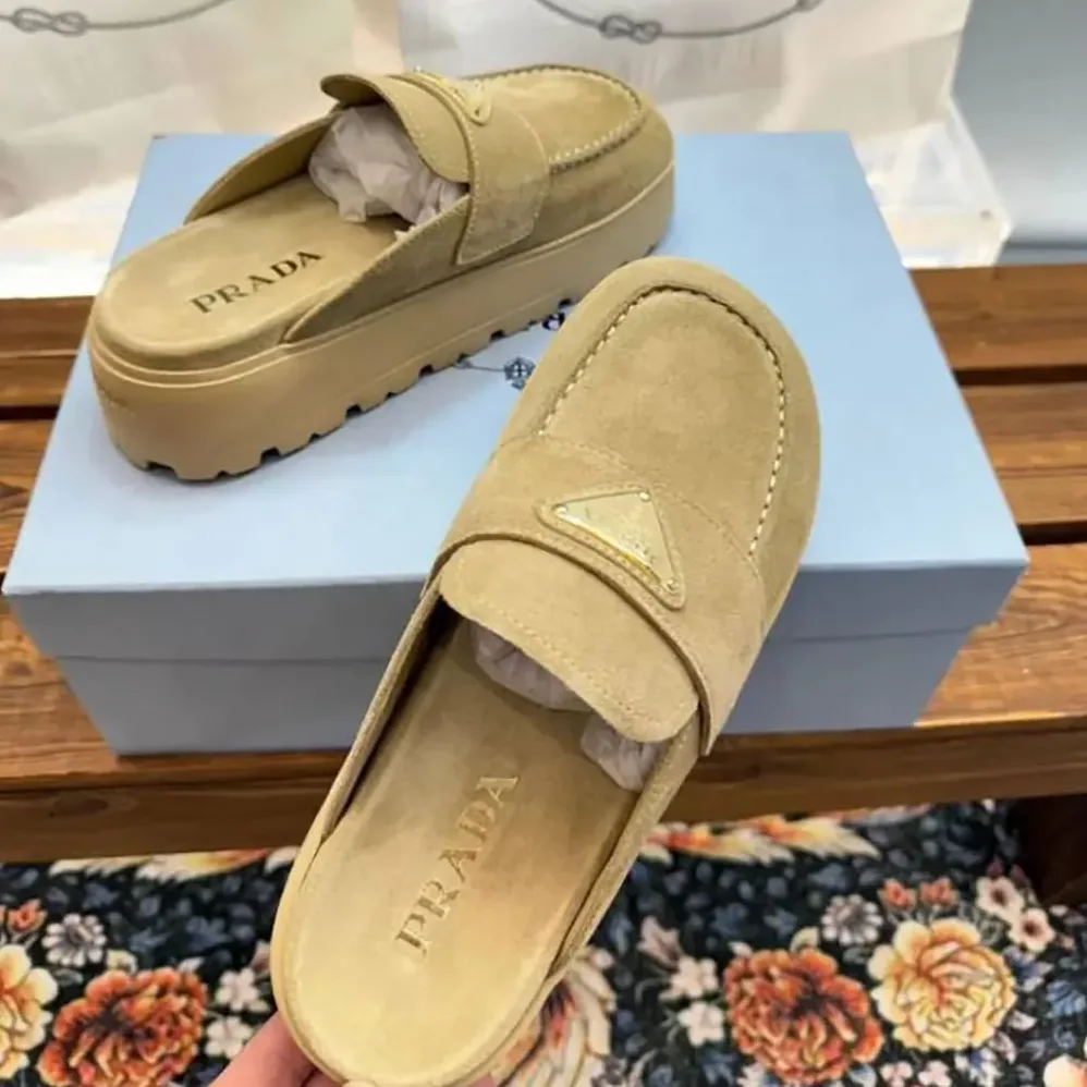 Prada Suede Flatform Mules with Enameled Metal Triangle Logo for Women