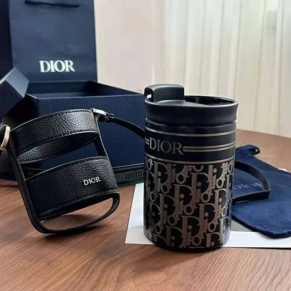Dior Aqua Mug with Shoulder Strap Black Grained Calfskin and Dior Oblique Stainless Steel for Unisex