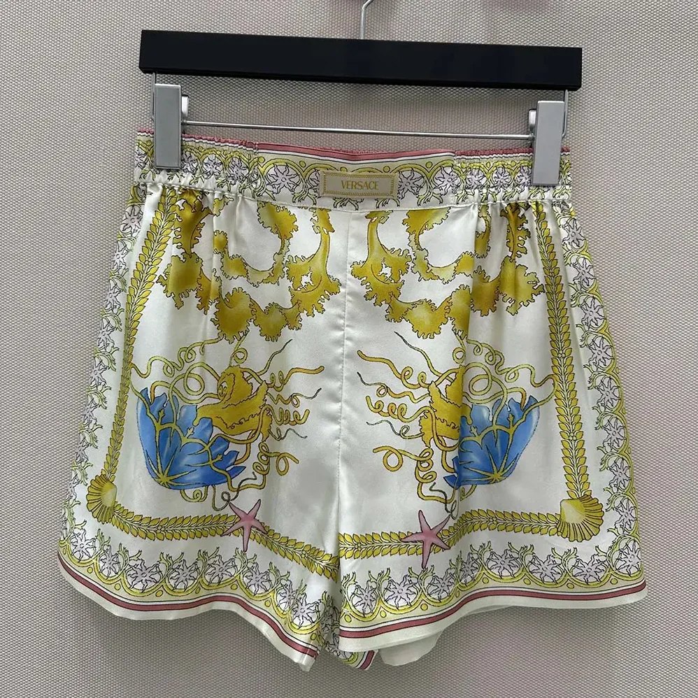 Versace Underwater Barocco Silk Shorts for Women in Yellow Versace Underwater Barocco Silk Shorts for Women in Yellow