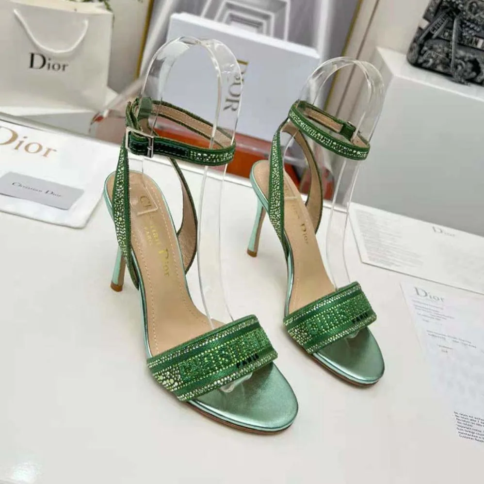 Dior Dway Heeled Slide Green Cotton Embroidered with Metallic Thread and Strass for Women Dior Dway Heeled Slide Green Cotton Embroidered with Metallic Thread and Strass for Women