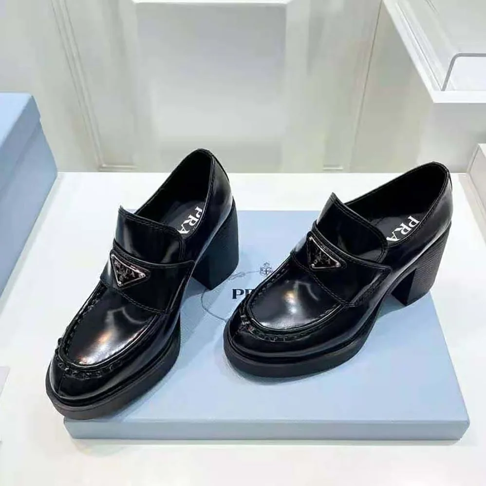 Prada Chocolate High for Women in Heeled Brushed Leather Loafers Prada Chocolate High for Women in Heeled Brushed Leather Loafers