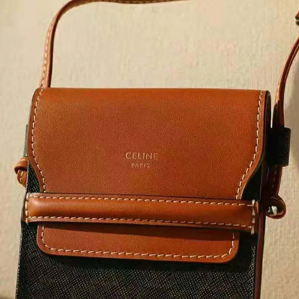 Celine Phone Pouch with Flap in Triomphe Canvas and Lambskin for Women in Brown