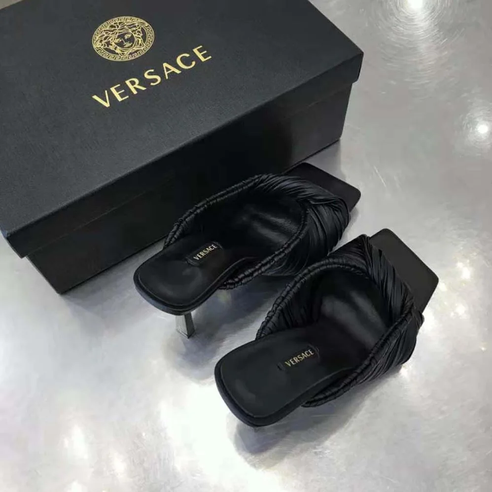 Versace Plisse Nappa Leather Mules in 11cm Heel for Women in Black Versace Plisse Nappa Leather Mules in 11cm Heel for Women in Black