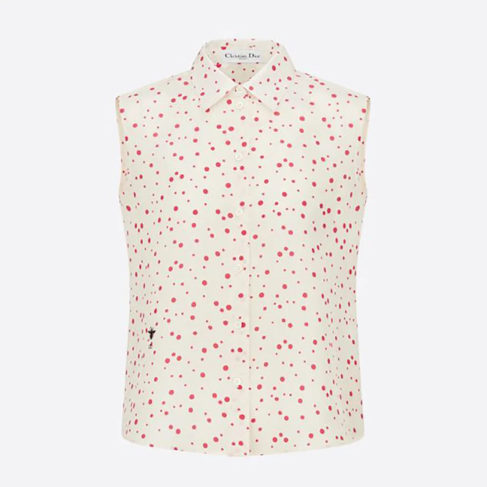 Dior Sleeveless Blouse Ecru Habotai Silk with Raspberry Pop Dots for Women Dior Sleeveless Blouse Ecru Habotai Silk with Raspberry Pop Dots for Women