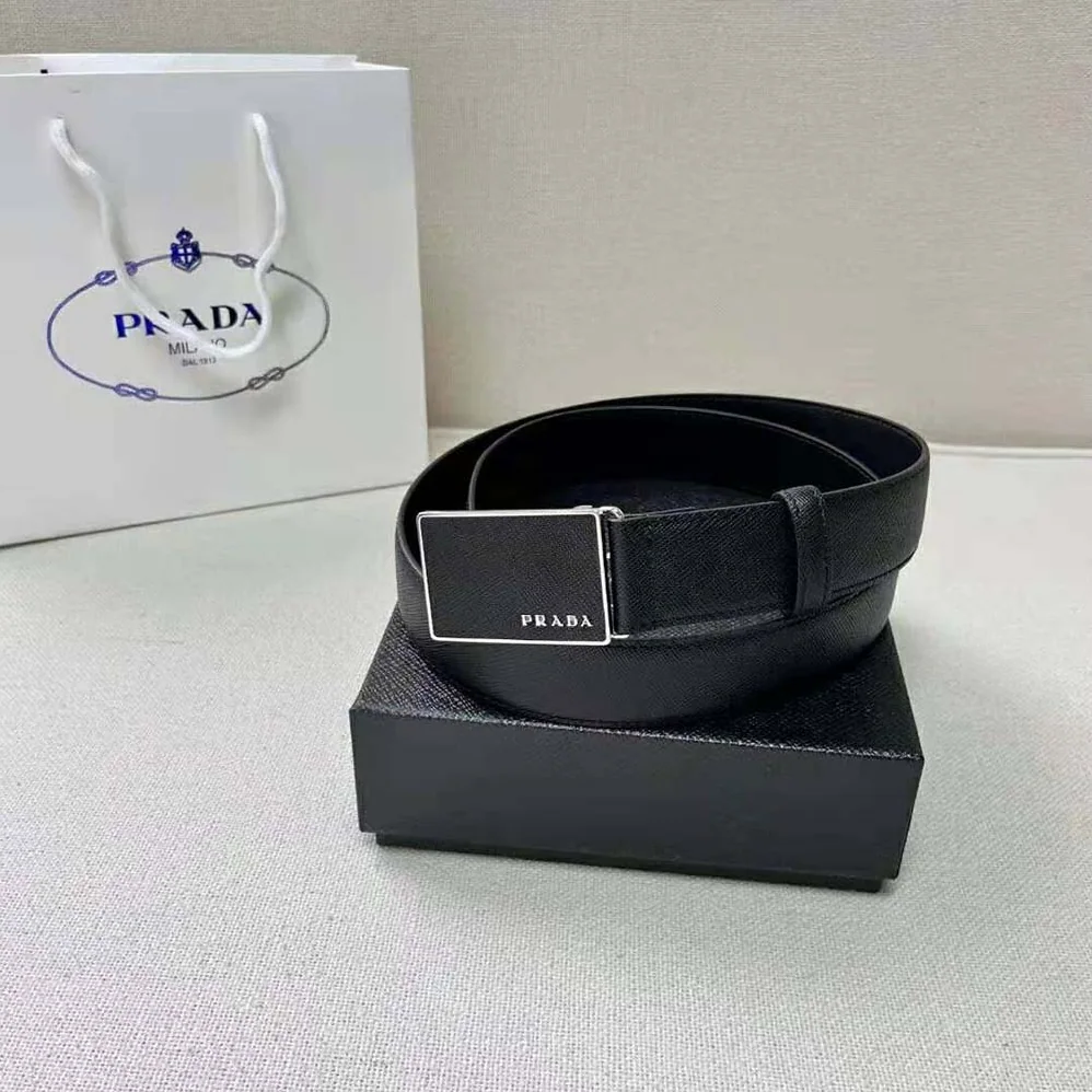 Prada Saffiano Leather Belt with Metal Lettering Logo for Men in Black Prada Saffiano Leather Belt with Metal Lettering Logo for Men in Black