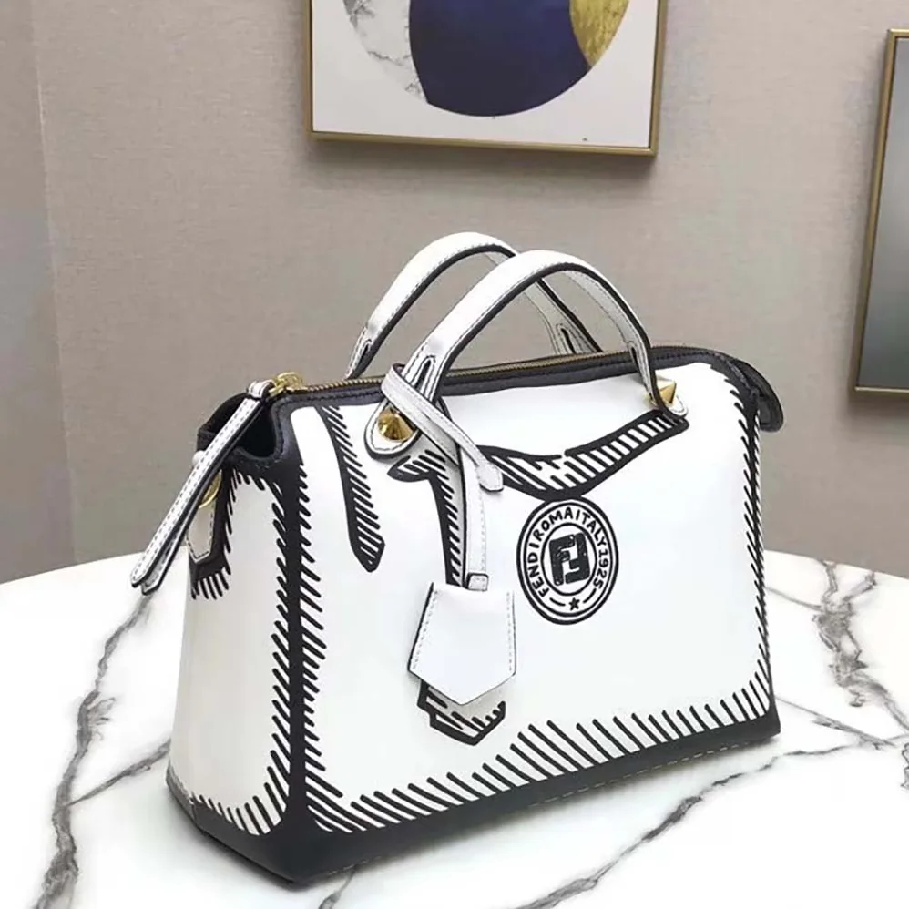 Fendi by the way Medium White Leather Printed Boston Bag for Women Fendi by the way Medium White Leather Printed Boston Bag for Women