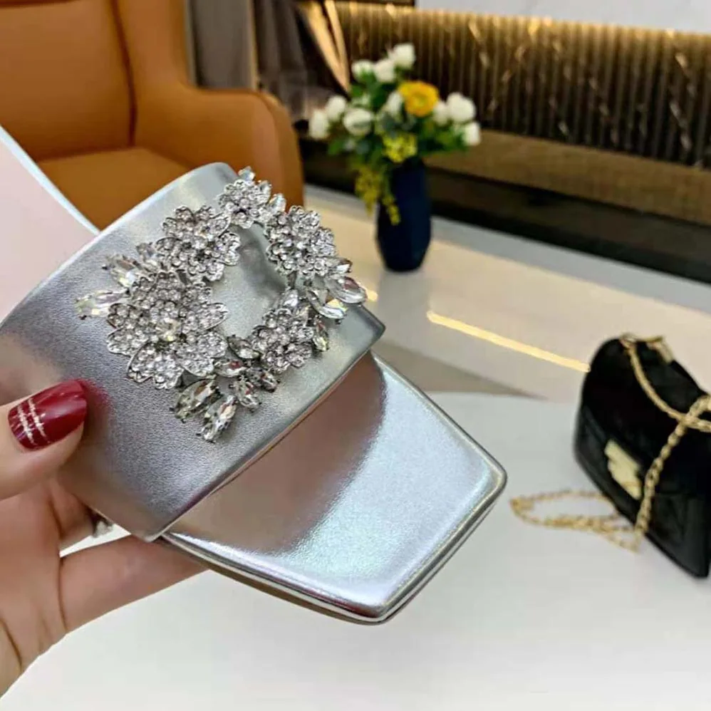 Roger Vivier RV Bouquet Strass Buckle Mules in Soft Leather for Women Roger Vivier RV Bouquet Strass Buckle Mules in Soft Leather for Women