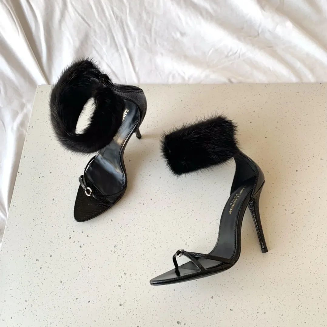 Saint Laurent Faux Fur Ankle in Cuff Sandals Black