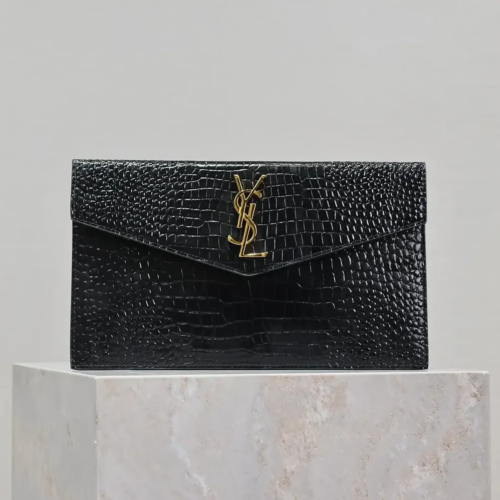 Saint Laurent YSL Uptown Pouch in Crocodile-embossed Shiny Leather for Women in Black