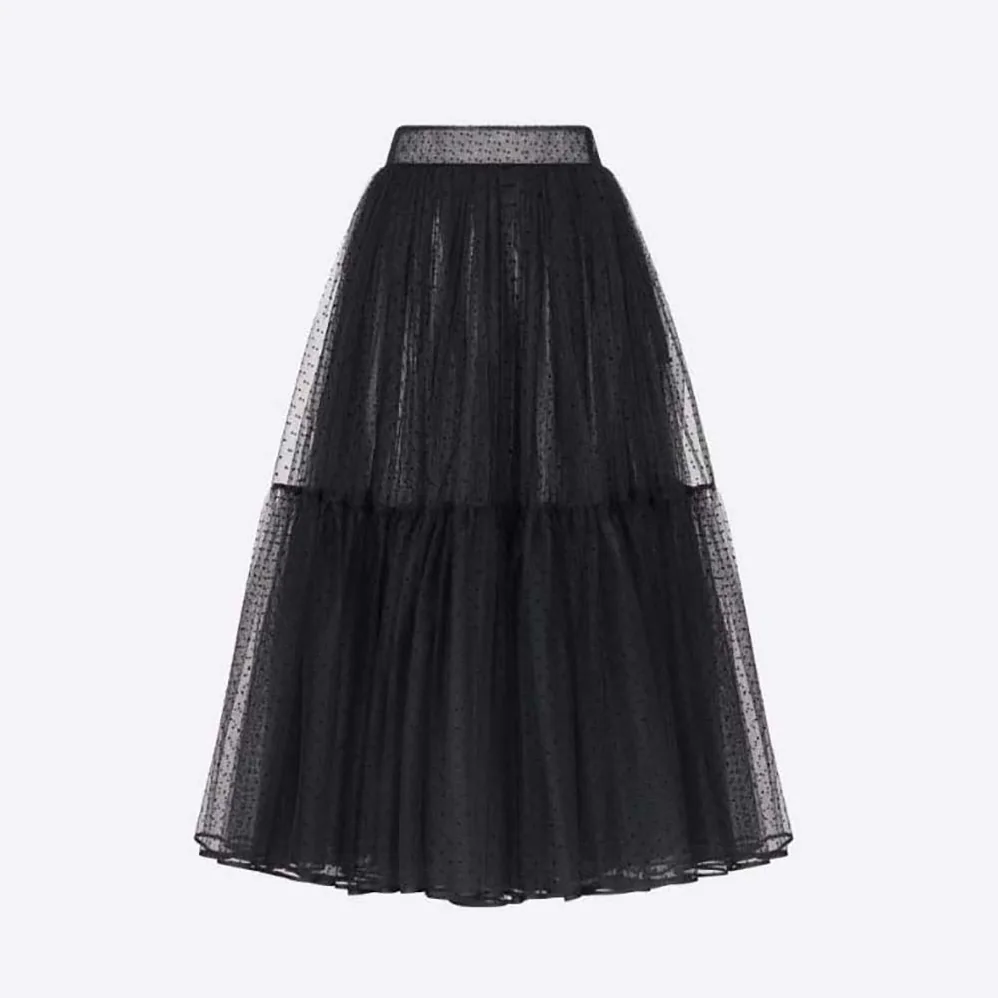 Dior Flared Mid-Length Skirt Black Plumetis Tulle for Women