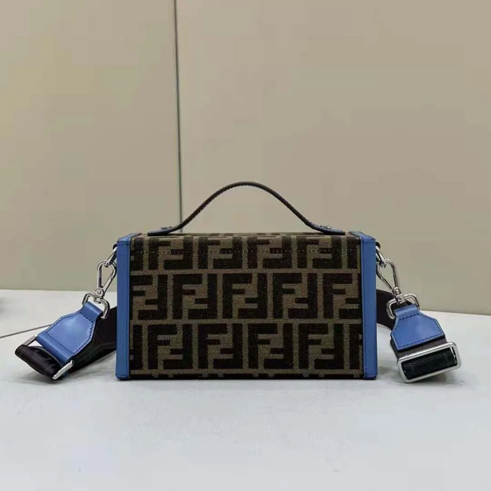 Fendi Soft Trunk Baguette Blue Leather and FF Fabric Bag for Men Fendi Soft Trunk Baguette Blue Leather and FF Fabric Bag for Men