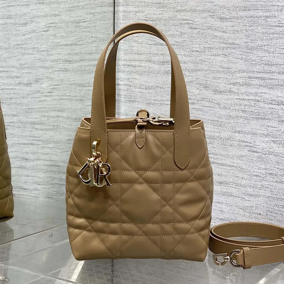 Dior Small Dior Toujours Vertical Tote Bag Medium Tan Macrocannage Calfskin for Women