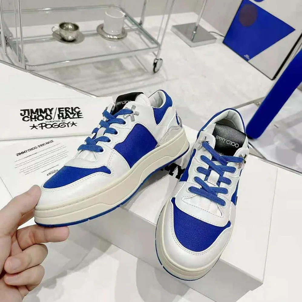 Jimmy Choo JC / Eric Haze Florent/M White Calf Leather and Blue Canvas Trainers for Unisex Jimmy Choo JC / Eric Haze Florent/M White Calf Leather and Blue Canvas Trainers for Unisex