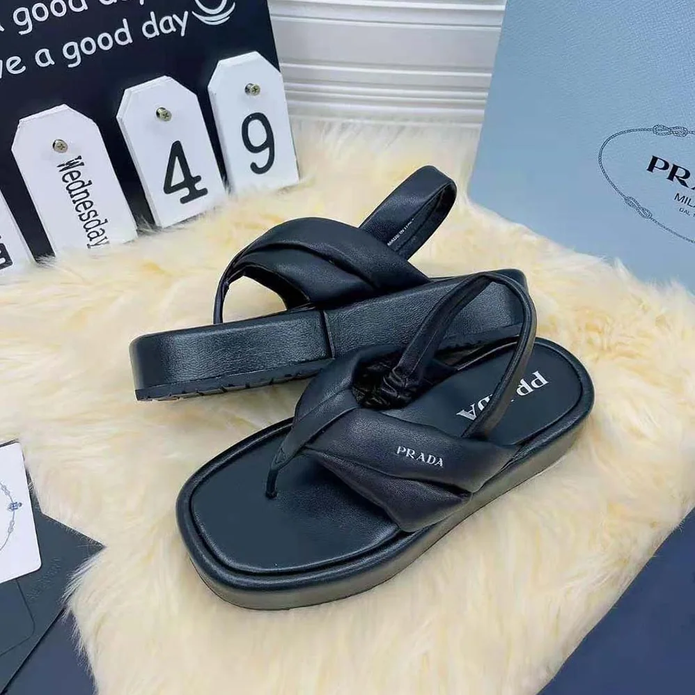 Prada Nappa Leather Thong Flatform Sandals for Women in Black